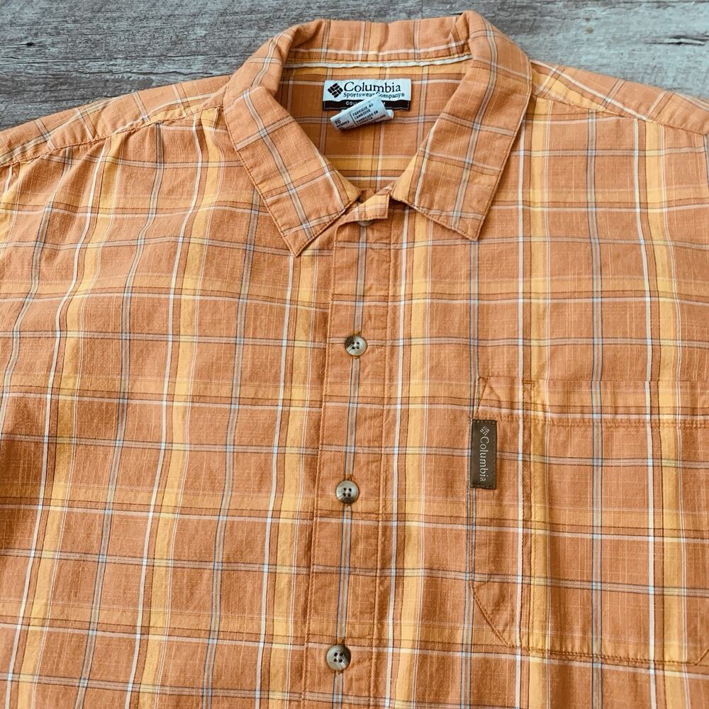 Columbia Shirt Mens XL Orange Plaid Button Up 100% Cotton Short Sleeve Outdoors